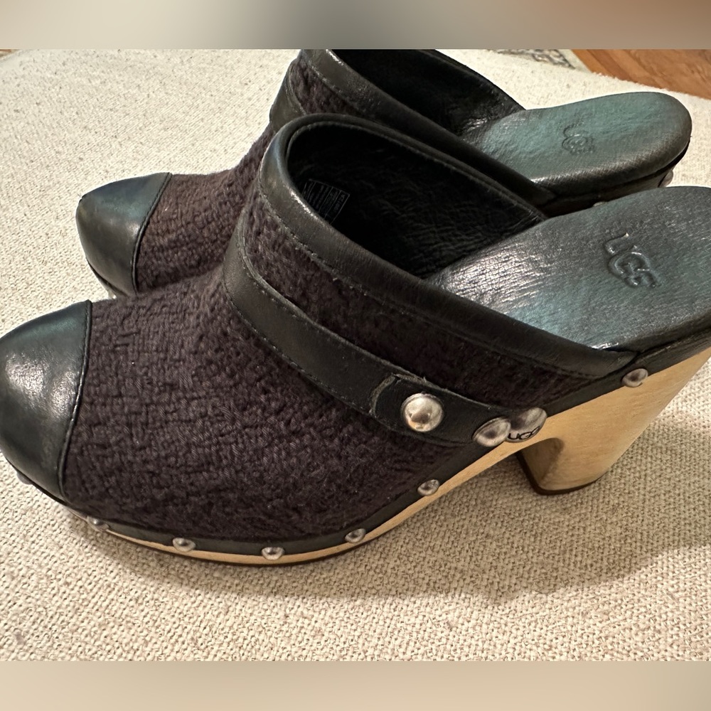 UGG Jolene clog. Size 6. Wooden Heel. Cloth. Leather. Rivets. Used and show wear